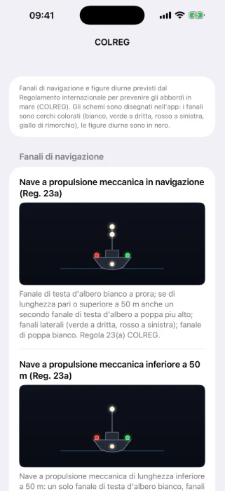 Schermata NaviRoute COLREG con schemi dei fanali di navigazione