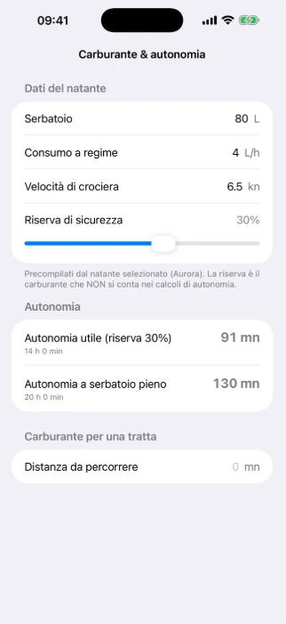 Schermata reale NaviRoute Carburante e autonomia: serbatoio, consumo, velocità di crociera e riserva impostabile