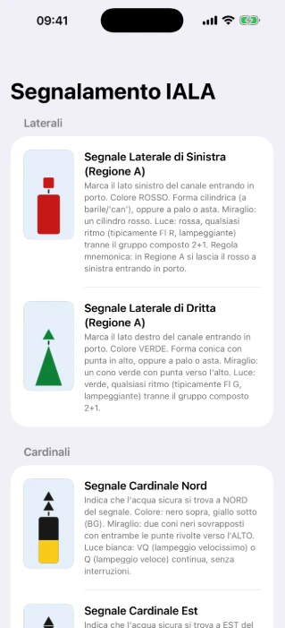 Schermata NaviRoute Segnalamento IALA con boe laterali e cardinali