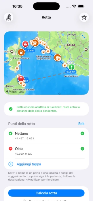 Schermata reale NaviRoute: rotta costiera tra Nettuno e Olbia con tappe e punti di rifornimento sulla mappa
