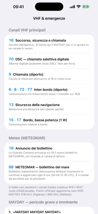 Schermata NaviRoute VHF ed emergenze con canali e riferimenti
