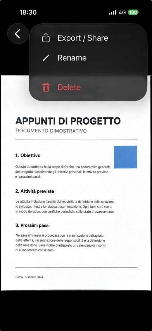 Menu di un documento dimostrativo salvato in ScanBoost PDF con esportazione, rinomina ed eliminazione