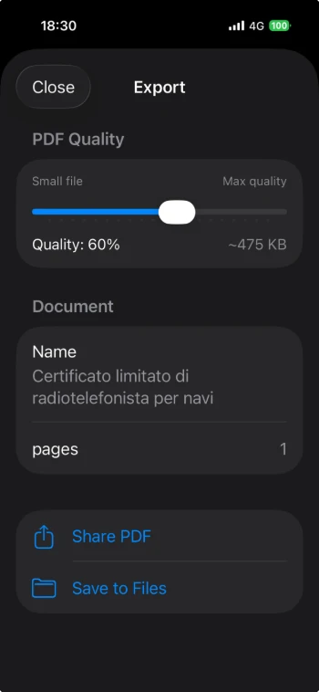 Schermata di esportazione ScanBoost PDF con cursore per la qualità e pulsanti Condividi PDF e Salva su File