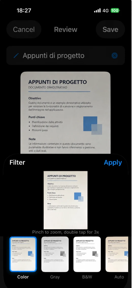Selezione dei filtri di ScanBoost PDF su un documento dimostrativo: colore, grigio, bianco e nero e automatico