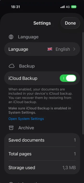 Impostazioni ScanBoost PDF con backup iCloud e contatori di documenti, pagine e spazio utilizzato