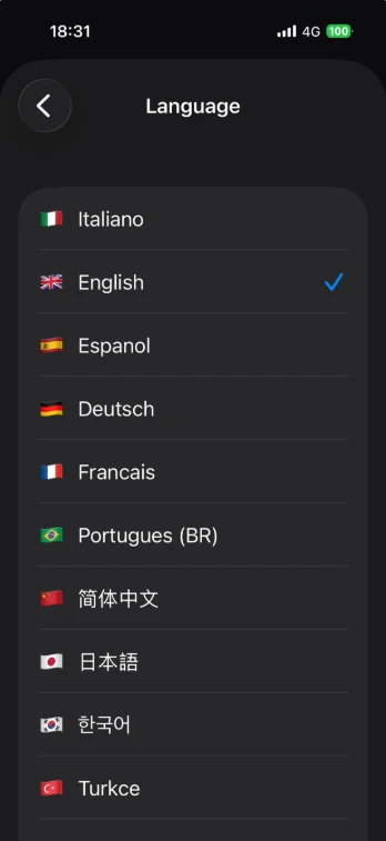 Selezione della lingua di ScanBoost PDF con italiano, inglese e altre otto lingue
