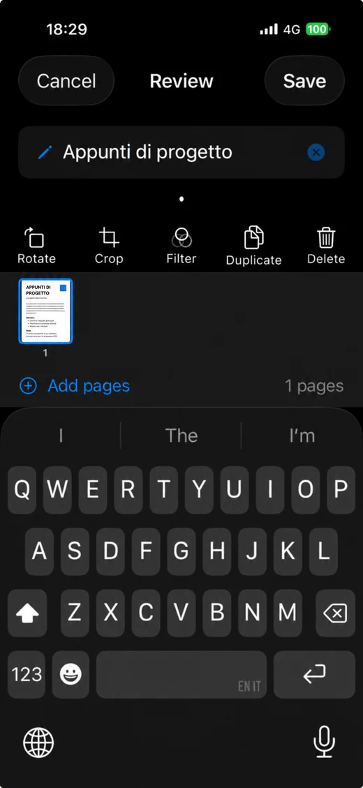 Modifica del nome di un documento dimostrativo in ScanBoost PDF con tastiera aperta
