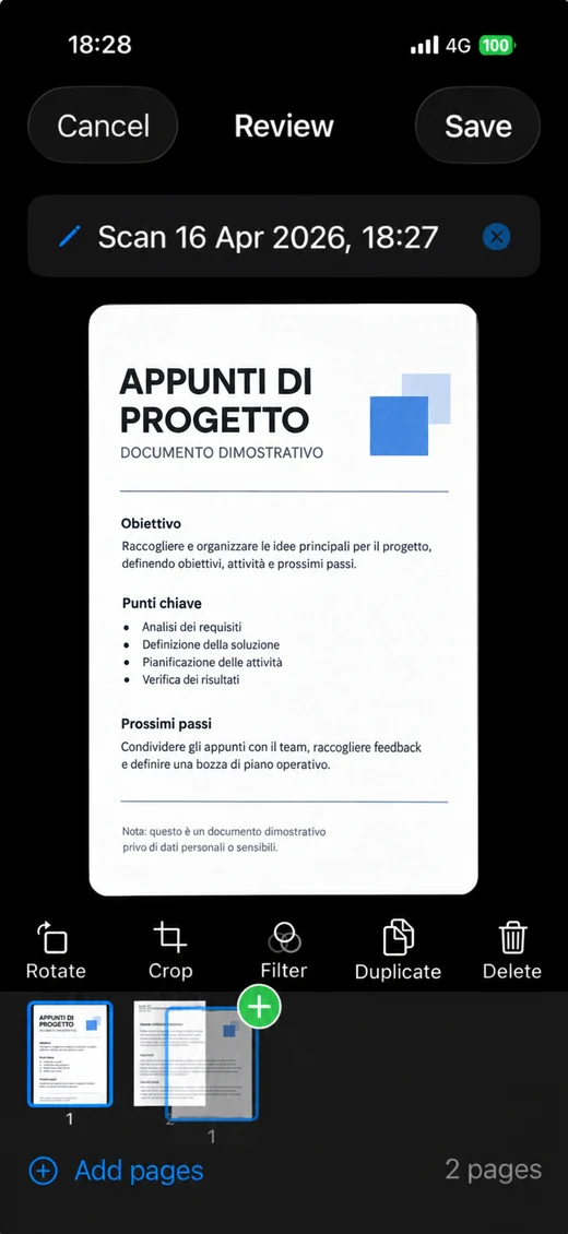 Revisione di un documento dimostrativo in ScanBoost PDF con miniature e comandi per ruotare, ritagliare, filtrare e duplicare