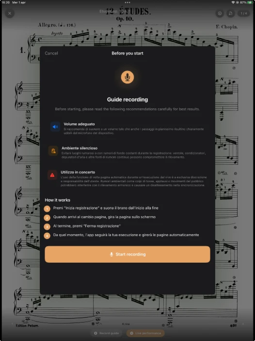 Schermata reale di Score Flip con le istruzioni per registrare la guida e il pulsante di avvio