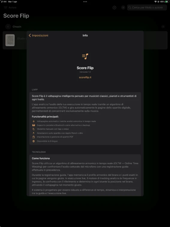 Schermata Info di Score Flip con descrizione delle funzioni e del tracking tramite allineamento armonico OLTW
