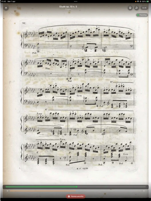Schermata reale di Score Flip durante l’esecuzione live: spartito di Chopin, indicatore Tracking e barre di avanzamento dell’ascolto