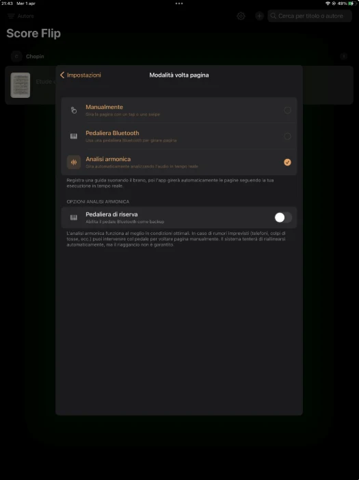 Impostazioni Score Flip: cambio pagina manuale, pedaliera Bluetooth o analisi armonica, con opzione pedaliera di riserva