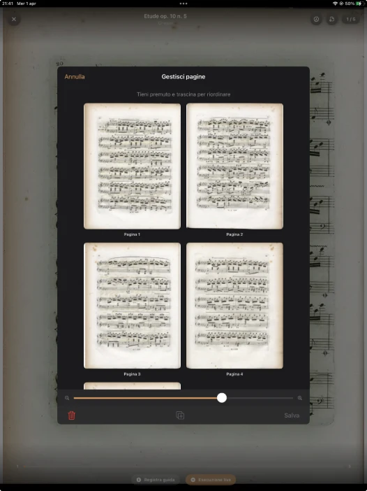 Score Flip Gestisci pagine: miniature del PDF, controllo per ridimensionarle e strumenti per duplicare o eliminare pagine