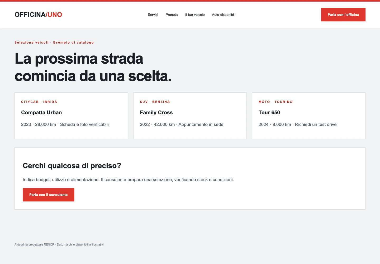 Catalogo veicoli — schermata dimostrativa