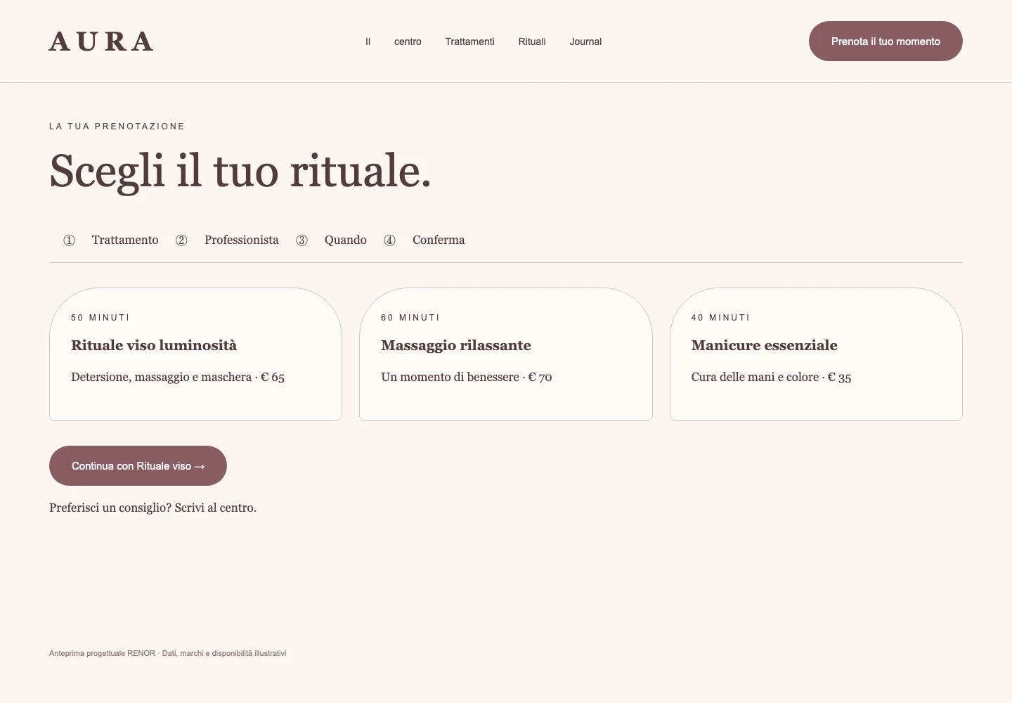 Prenota un rituale — schermata dimostrativa