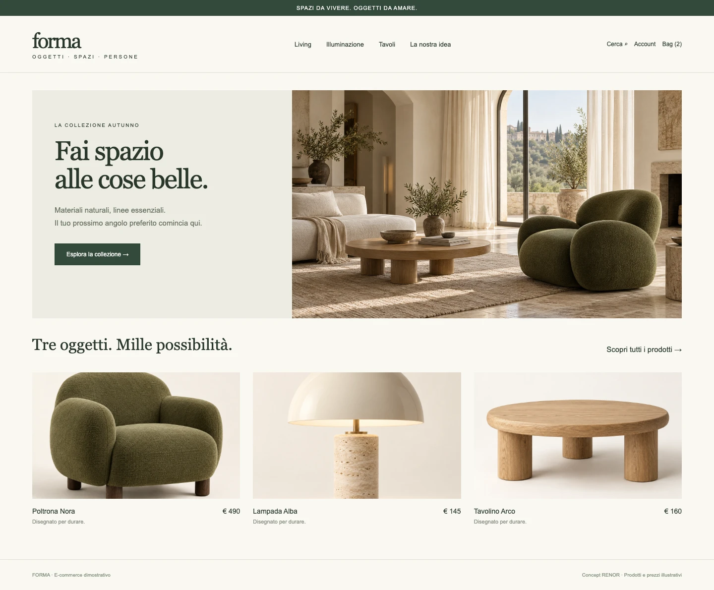 Vetrina online — schermata dimostrativa