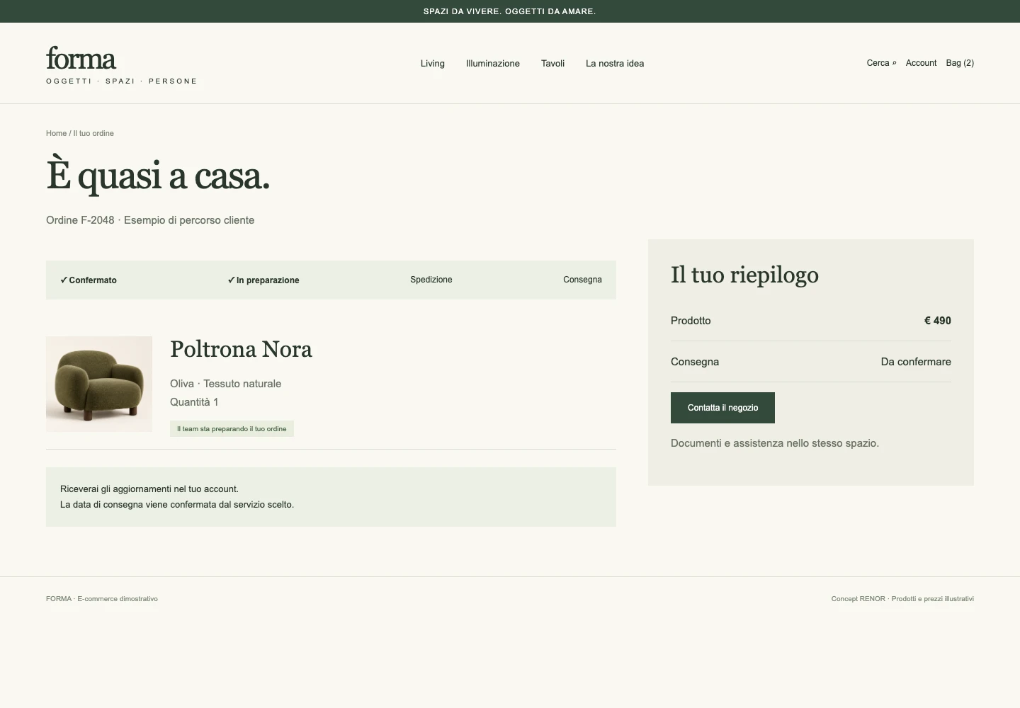 Segui il tuo ordine — schermata dimostrativa