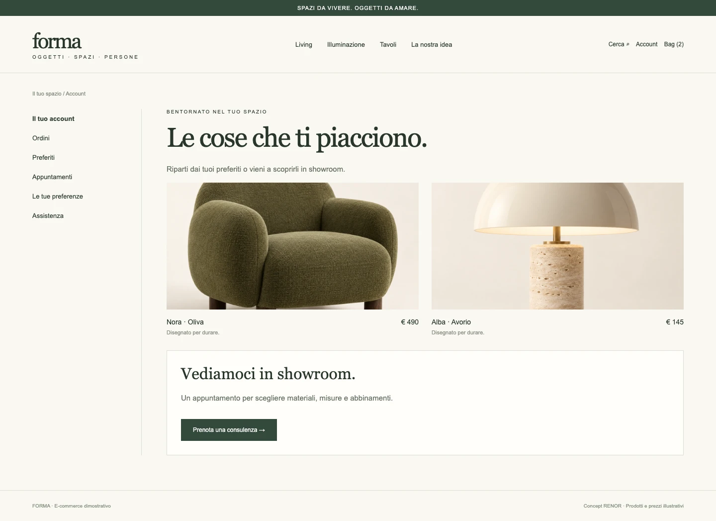 Area cliente — schermata dimostrativa