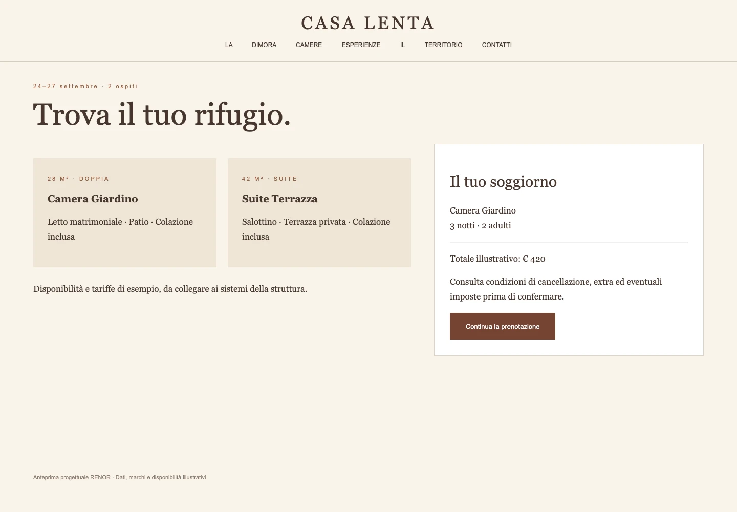 Camere e prenotazione — schermata dimostrativa