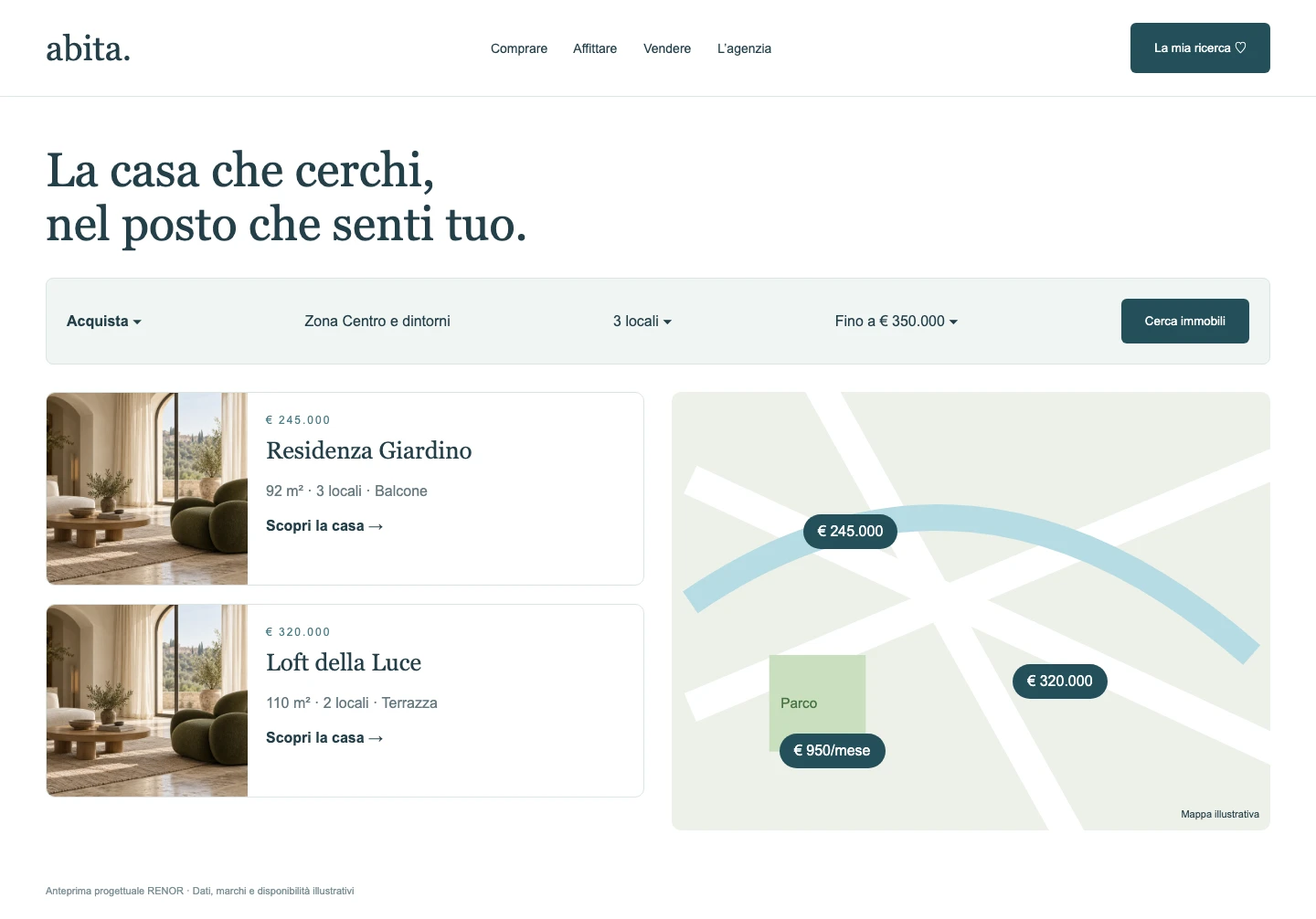 Annunci e mappa — schermata dimostrativa