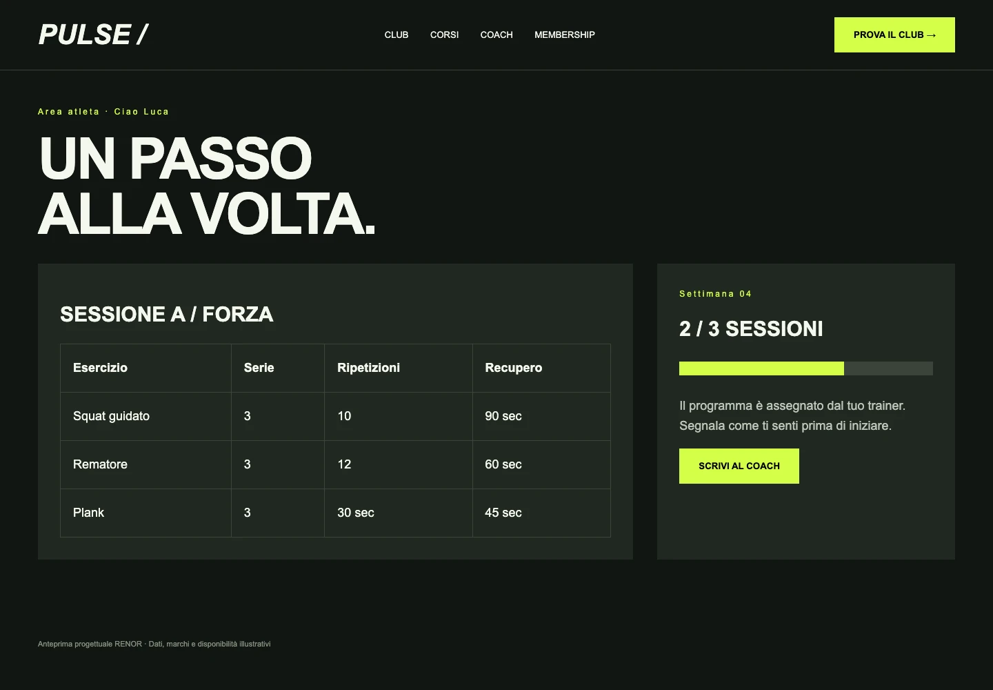 Area allenamento — schermata dimostrativa