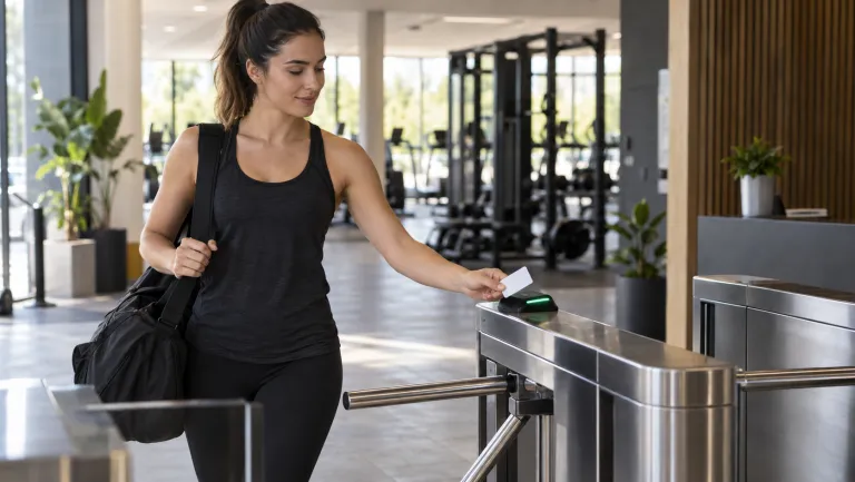 Una persona avvicina la tessera RFID al lettore del tornello all’ingresso della palestra
