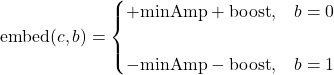 \[ \operatorname{embed}(c, b) = \begin{cases} +\text{minAmp} + \text{boost}, & b = 0 \\\\ -\text{minAmp} - \text{boost}, & b = 1 \end{cases} \]
