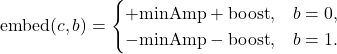 Rendered by QuickLaTeX.com \begin{displaymath} \operatorname{embed}(c,b)= \begin{cases} +\text{minAmp}+\text{boost}, & b=0,\\ -\text{minAmp}-\text{boost}, & b=1. \end{cases} \end{displaymath}