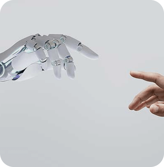 Human hand and robotic hand touching each other against a background of lines of software code