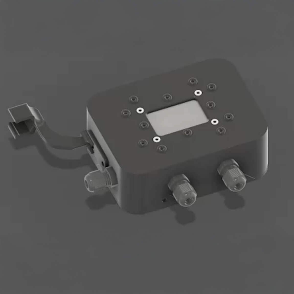 Rendering 3D di un componente elettronico industriale con connettori esterni