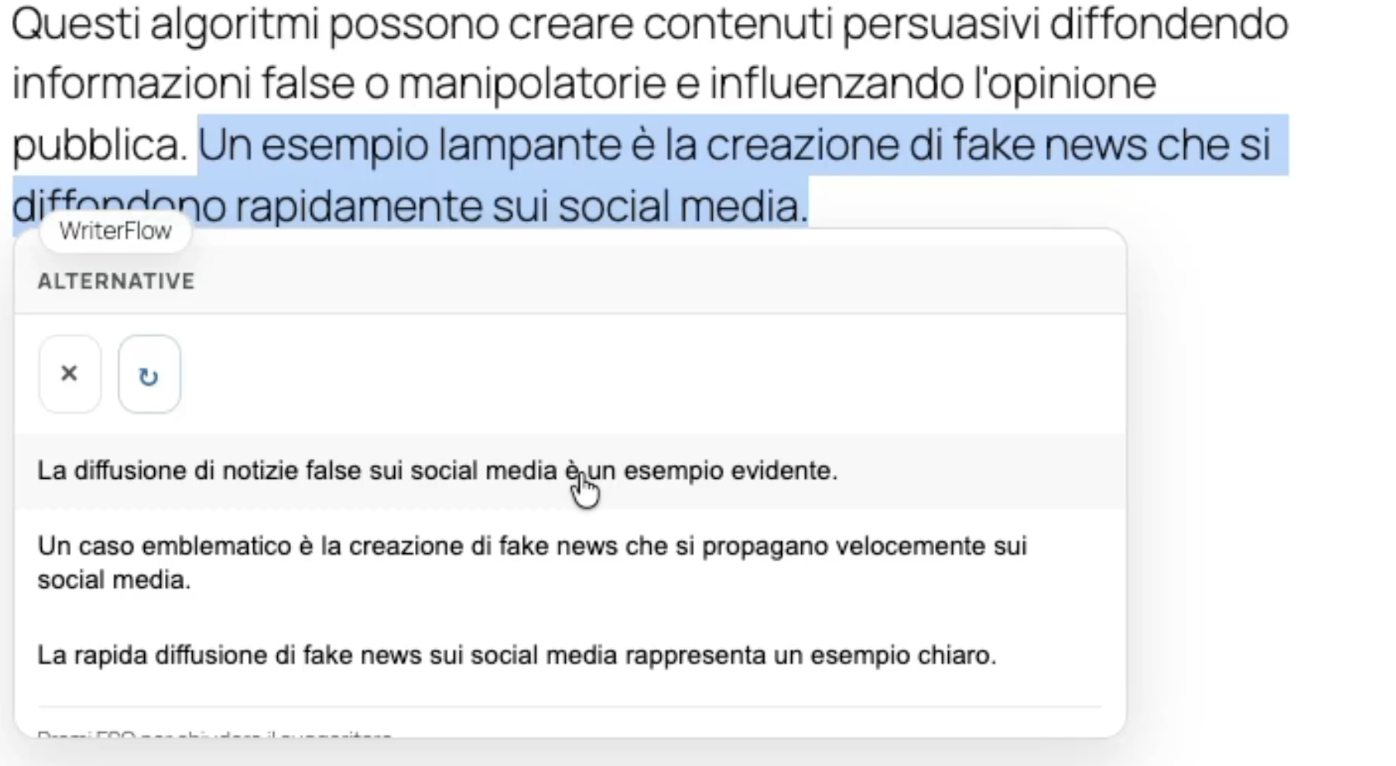 AI per la scrittura di articoli con WriterFlow: riformulazione di una frase selezionata