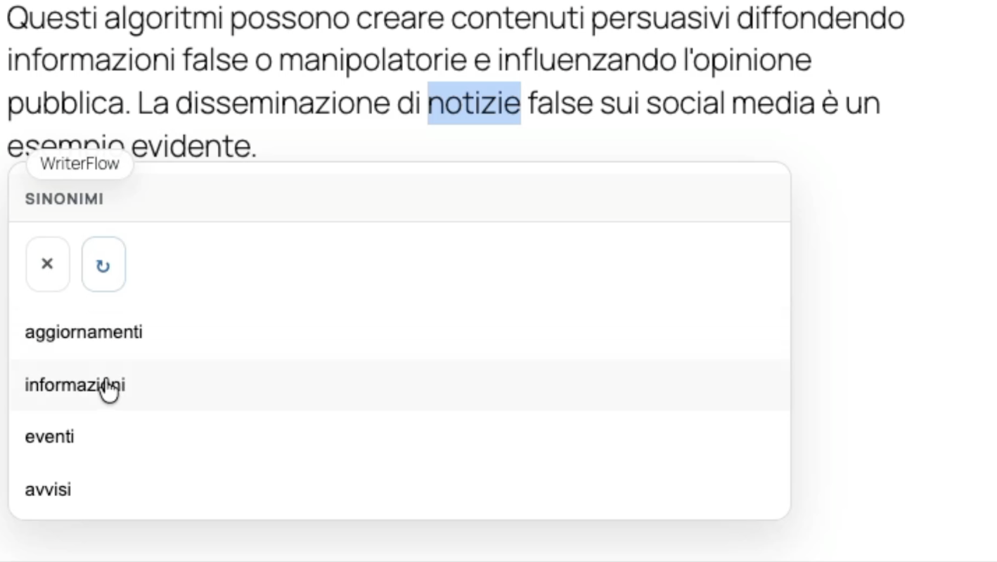 AI per la scrittura di articoli con WriterFlow: suggerimento di sinonimi durante la revisione del testo