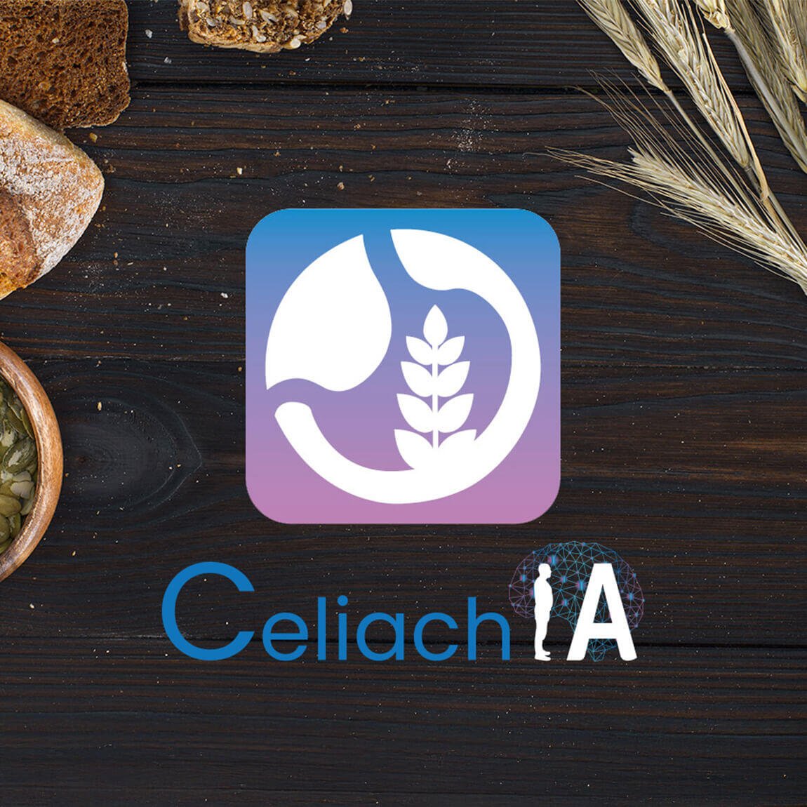 Logo dell'applicazione CeliachIA su sfondo rustico, che illustra l'uso dell'AI nel settore alimentare