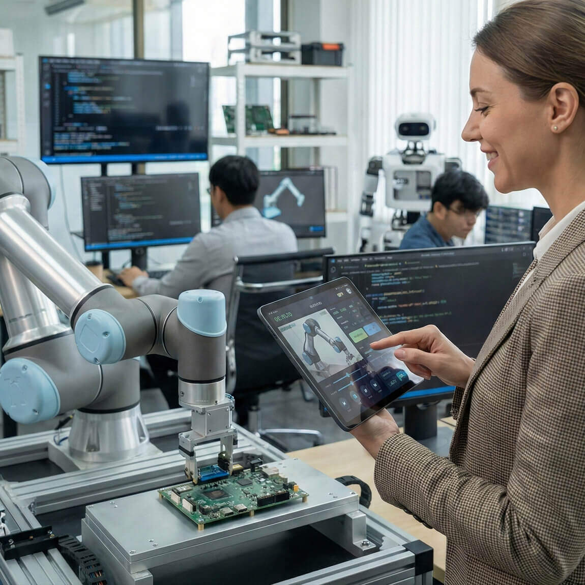 Tecnica che interagisce con un braccio robotico tramite un tablet in un ambiente industriale