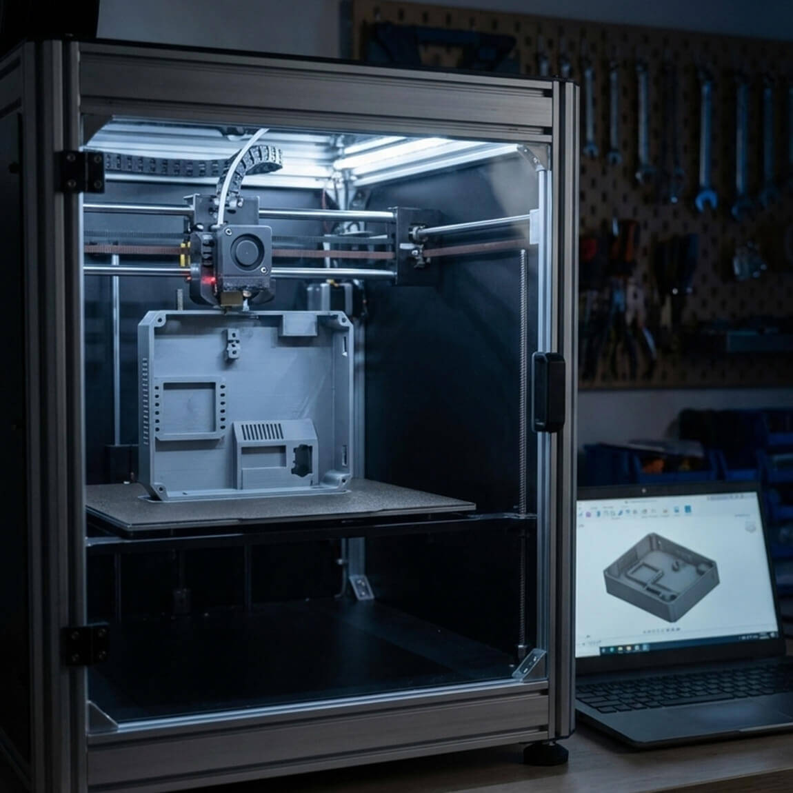 Stampante 3D industriale all'interno di un laboratorio tecnico pronta per la produzione