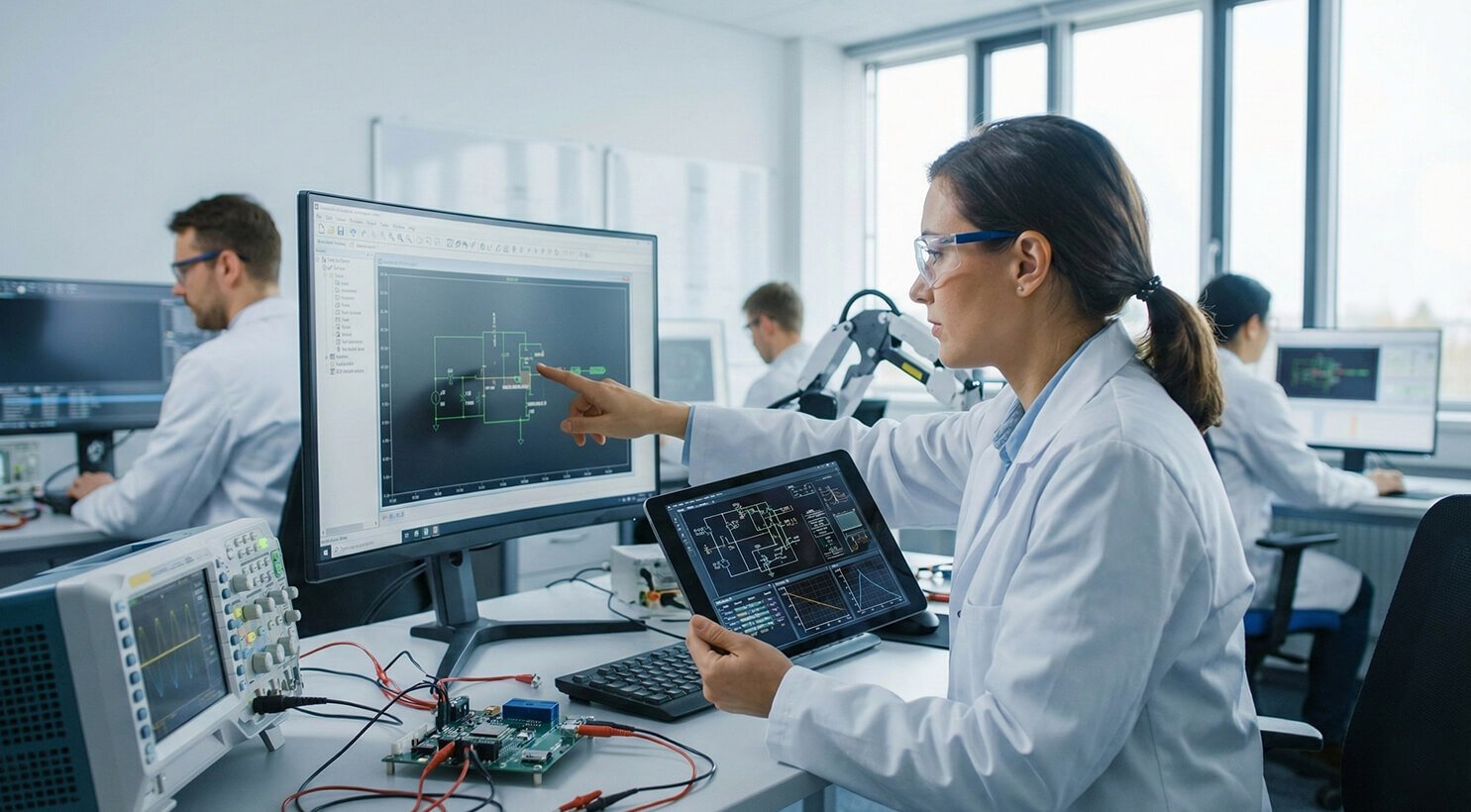 Ricercatori al lavoro in un laboratorio tecnologico moderno con monitor e strumentazioni avanzate
