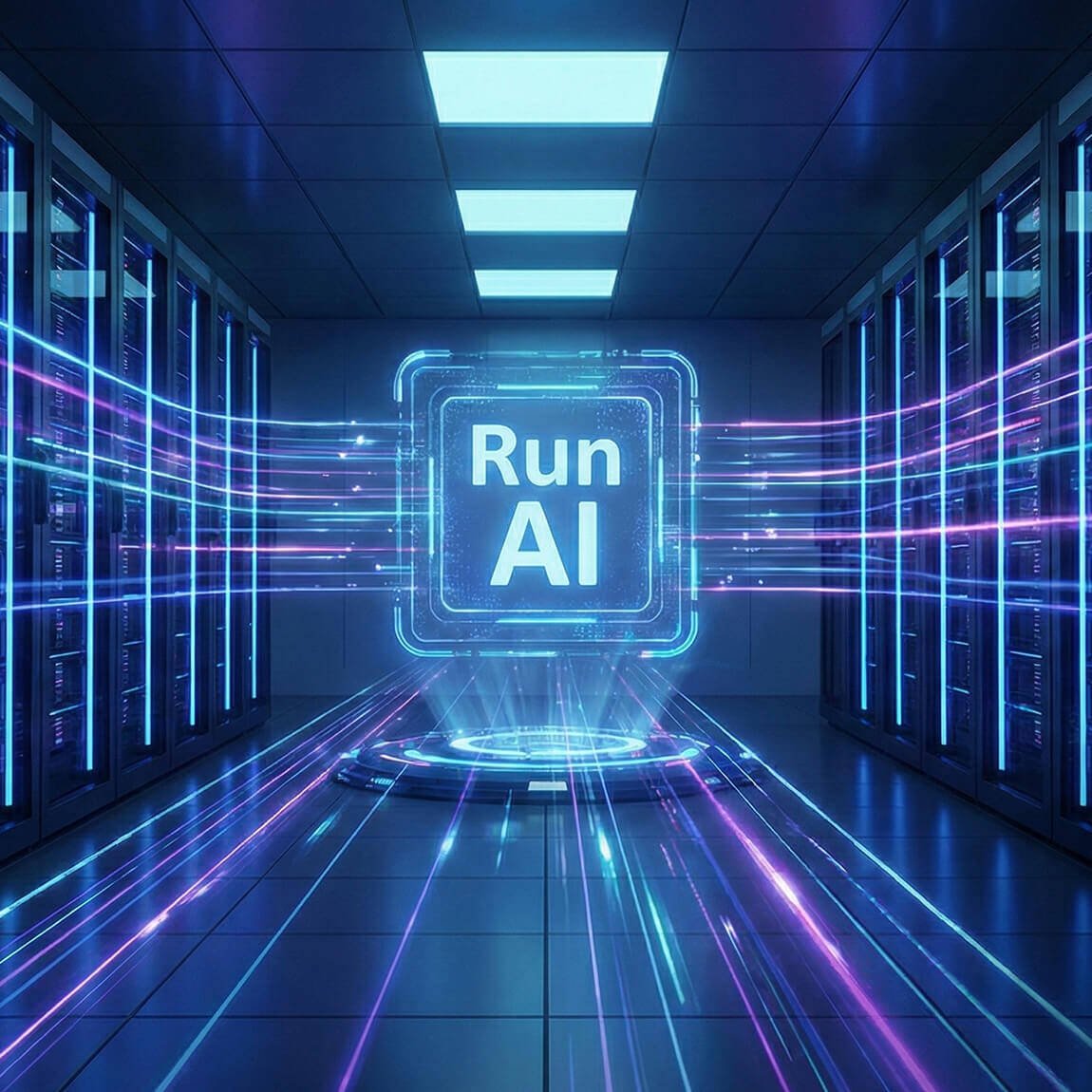 Data center con server illuminati e interfaccia olografica che mostra il logo Run AI per l'intelligenza artificiale.