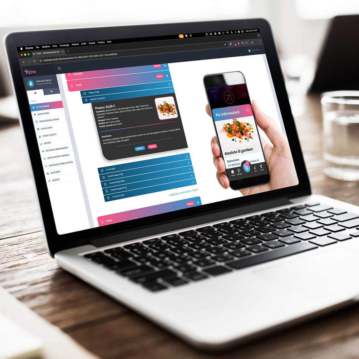 Visualizzazione dell'interfaccia web e mobile Yooth sincronizzate su laptop e smartphone