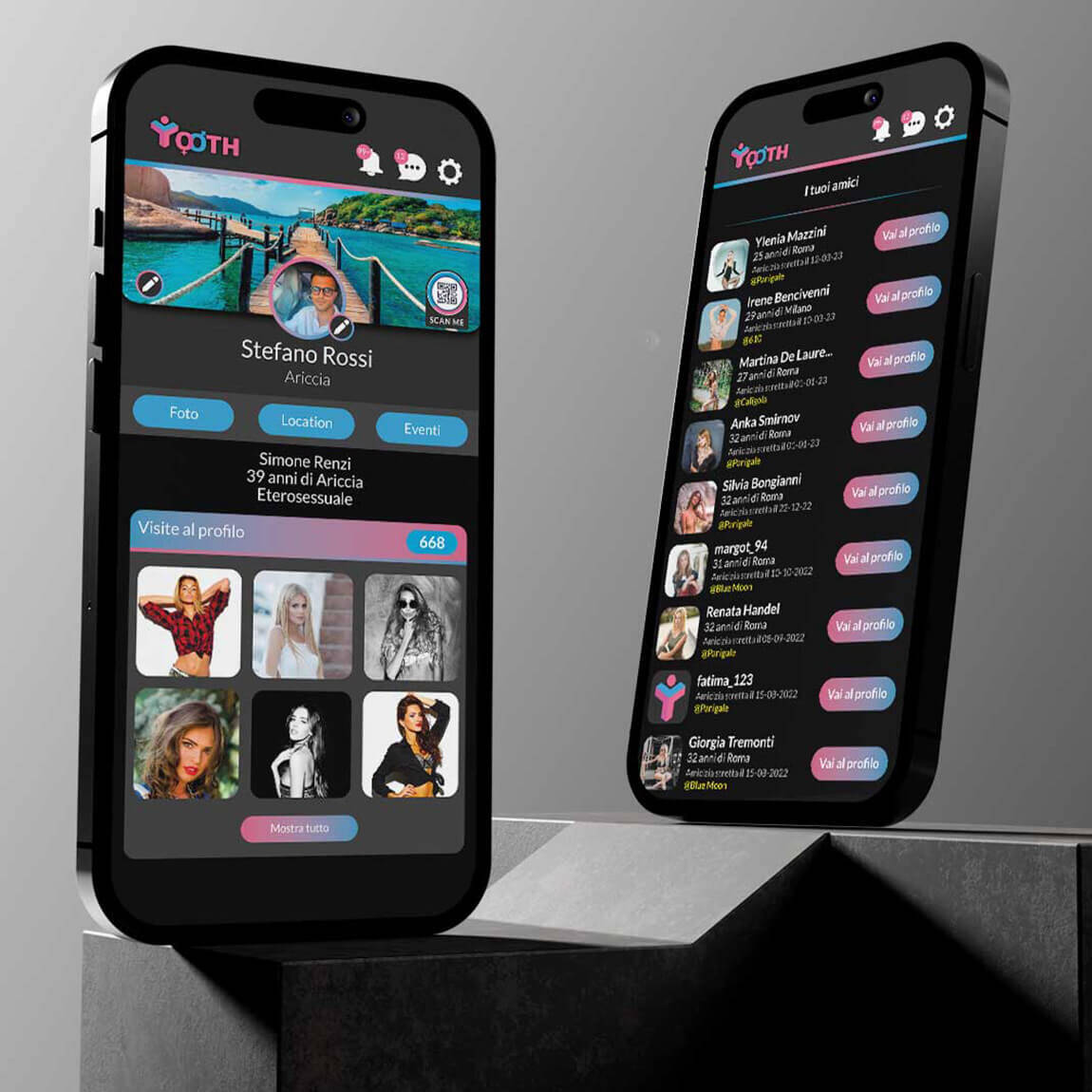 Due smartphone mostrano l'interfaccia utente dell'app con profili social e messaggistica