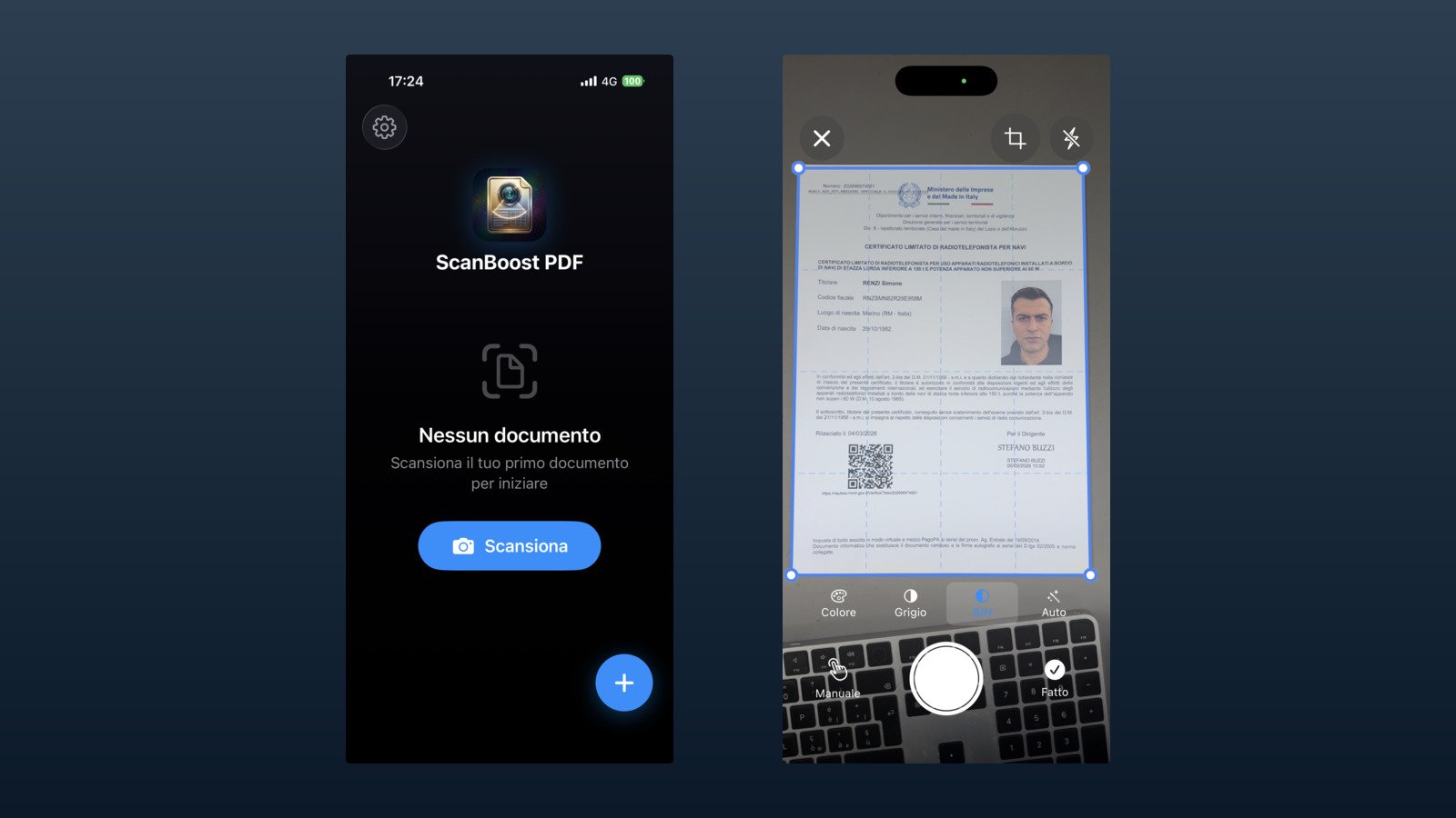 ScanBoost PDF: app screens — branded home and document scanning mode
