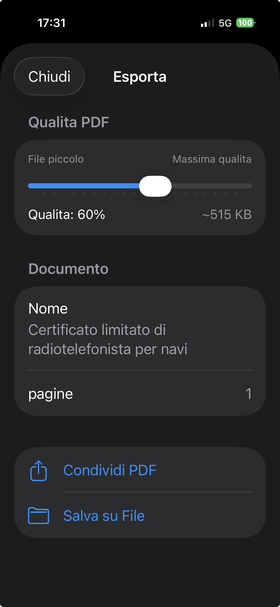 Esportazione PDF di ScanBoost con cursore di qualità da 5% a 100%