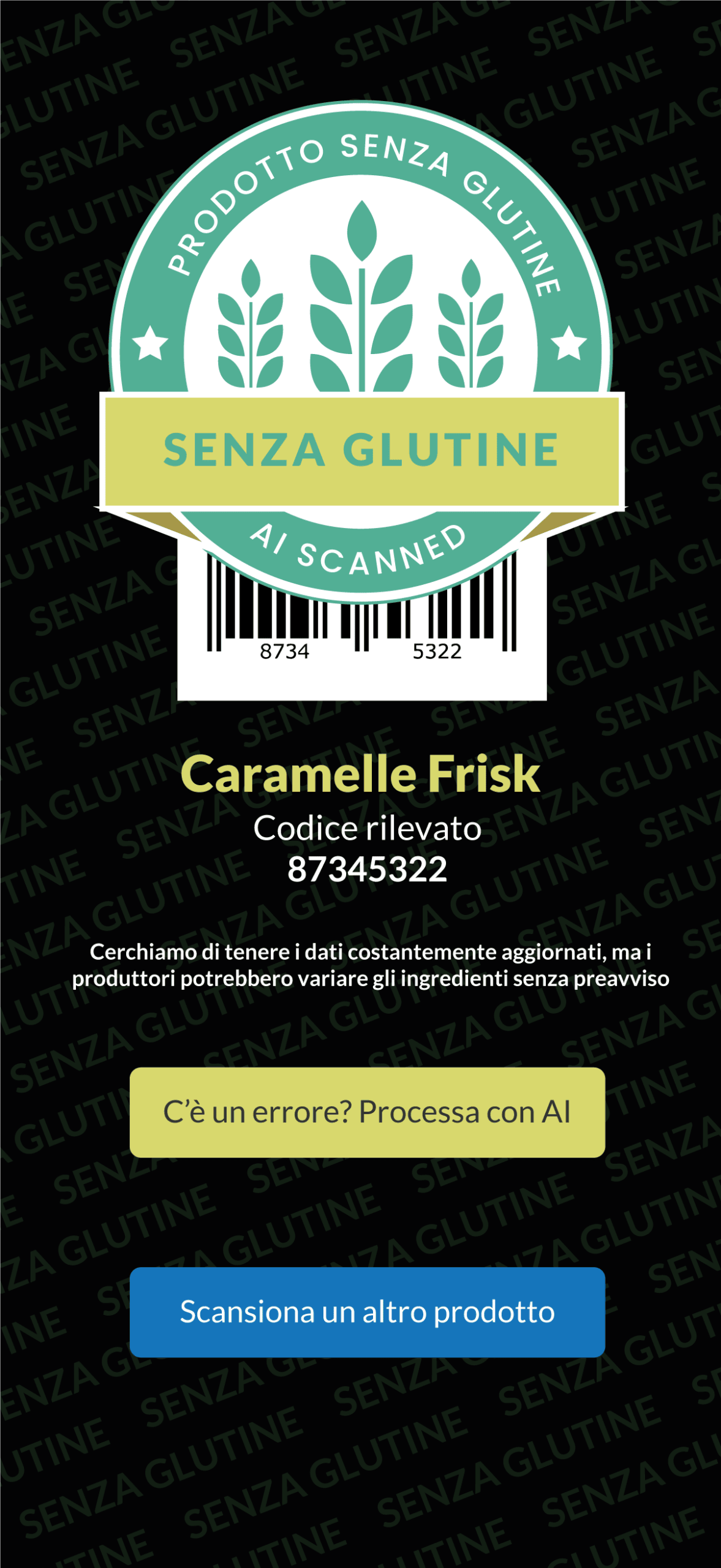 Schermata di CeliachIA con risultato 'SENZA GLUTINE' su un prodotto scansionato