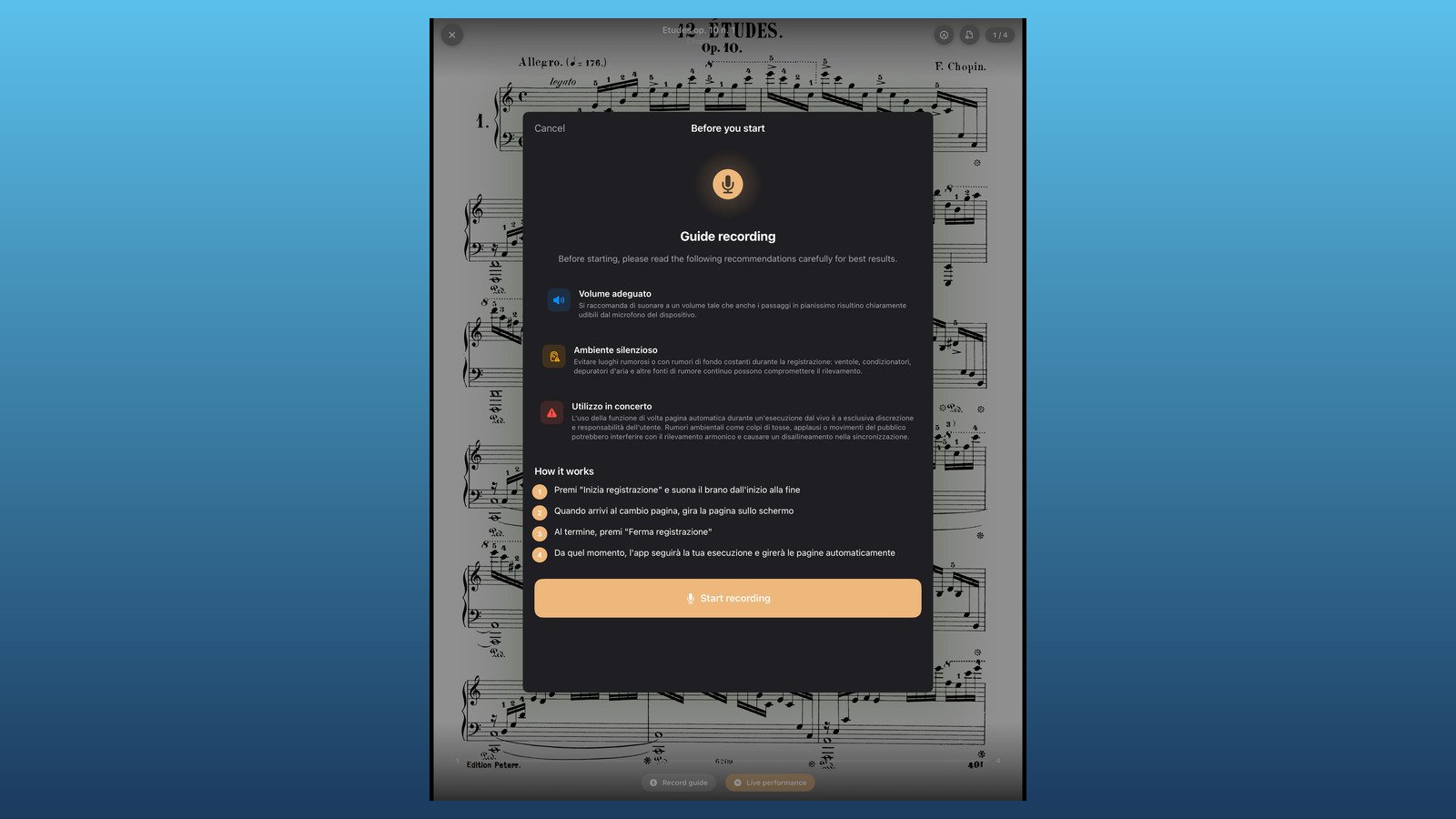 Score Flip on iPad: recording the reference guide over a Chopin score