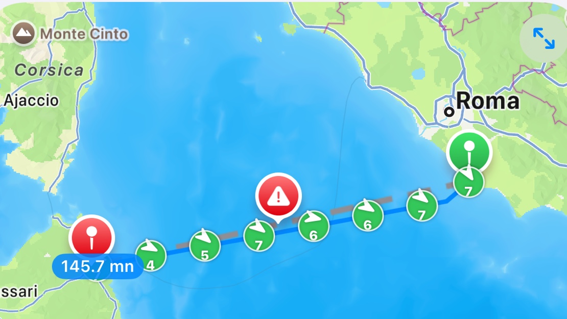 NaviRoute: route plotted on the Mediterranean nautical chart with distances and ETA