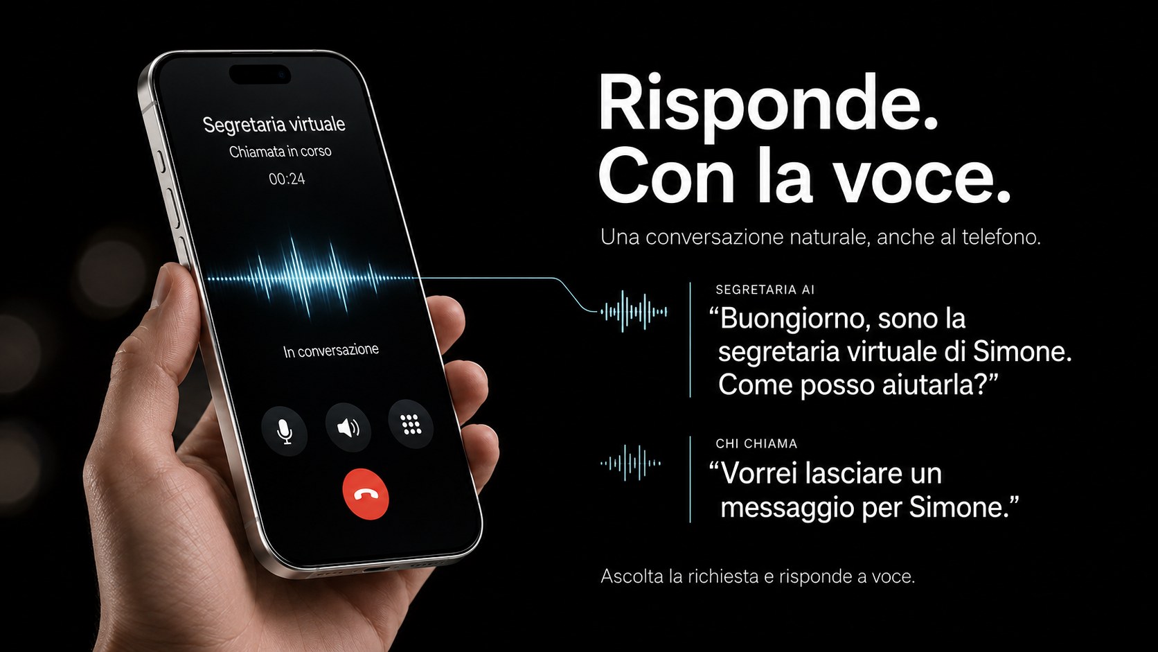 Smartphone in mano con una chiamata in corso alla segretaria virtuale: risponde a voce e ascolta la richiesta